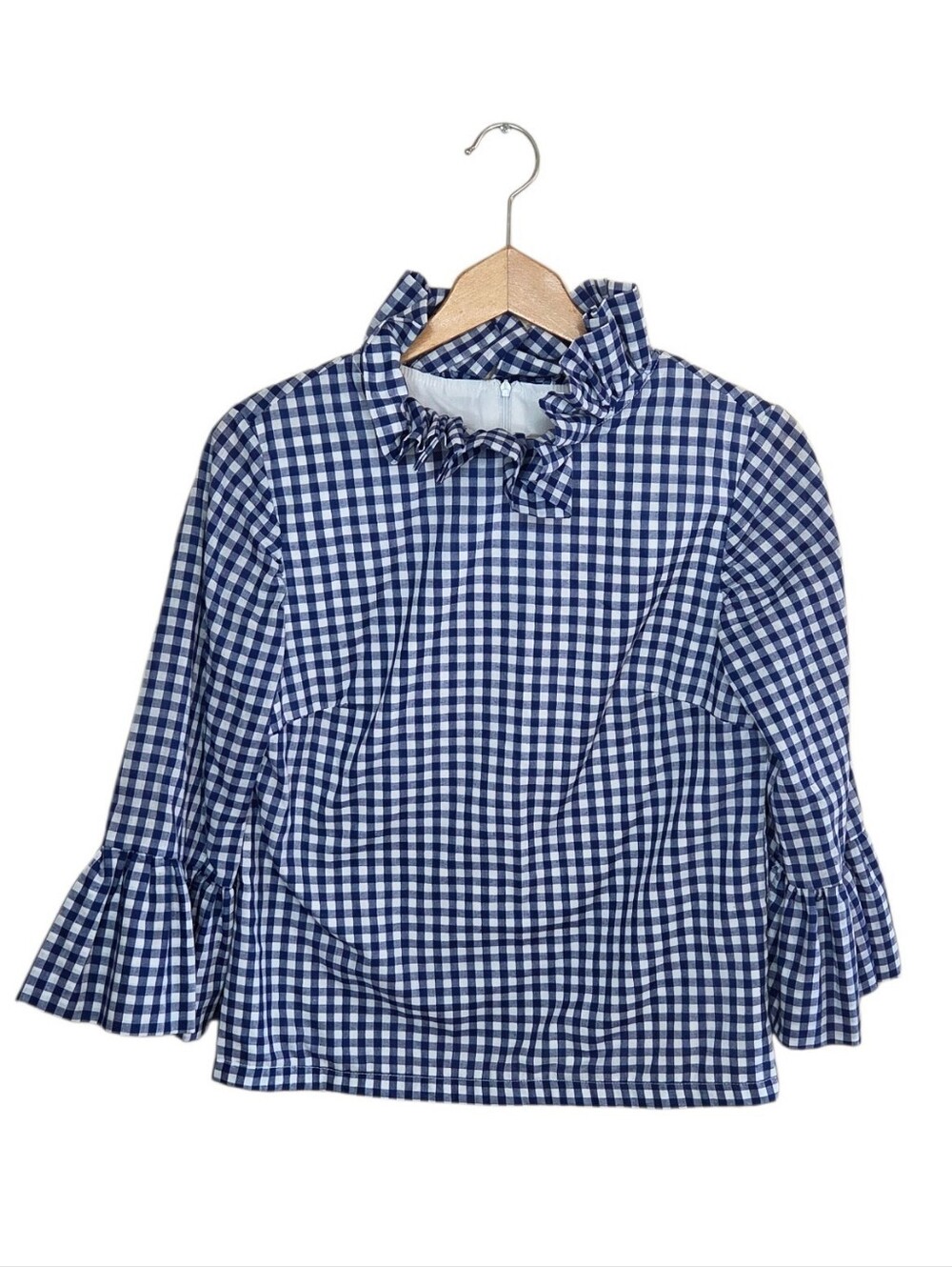 Elizabeth Wilson Designs Navy Blue White Gingham Ruffle Top Size Small